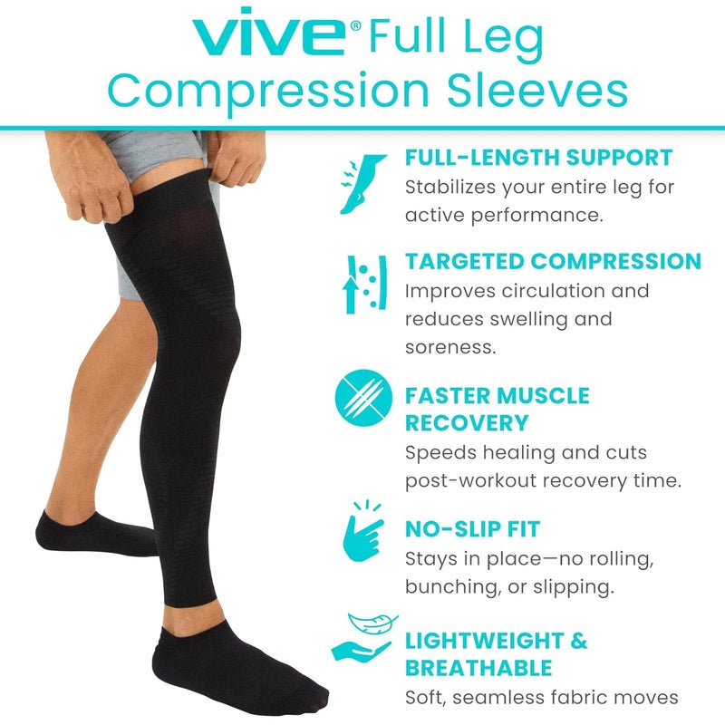 VIVE Full Leg Compression Sleeves for Men & Women (Pair) - Knee, Calf, & Thigh Support Brace Wrap for Basketball, Football, Wrestling - Footless Long Running Accessories for Shin Splints (Medium) - Image 2